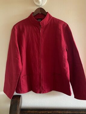 Eileen Fisher Red Cotton Textured Zip Mandarin Collar Jacket